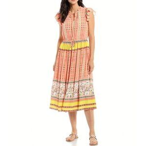 Gibson & Latimer Border Print Midi Dress Size Medium Tie Front Ruffle Orange New